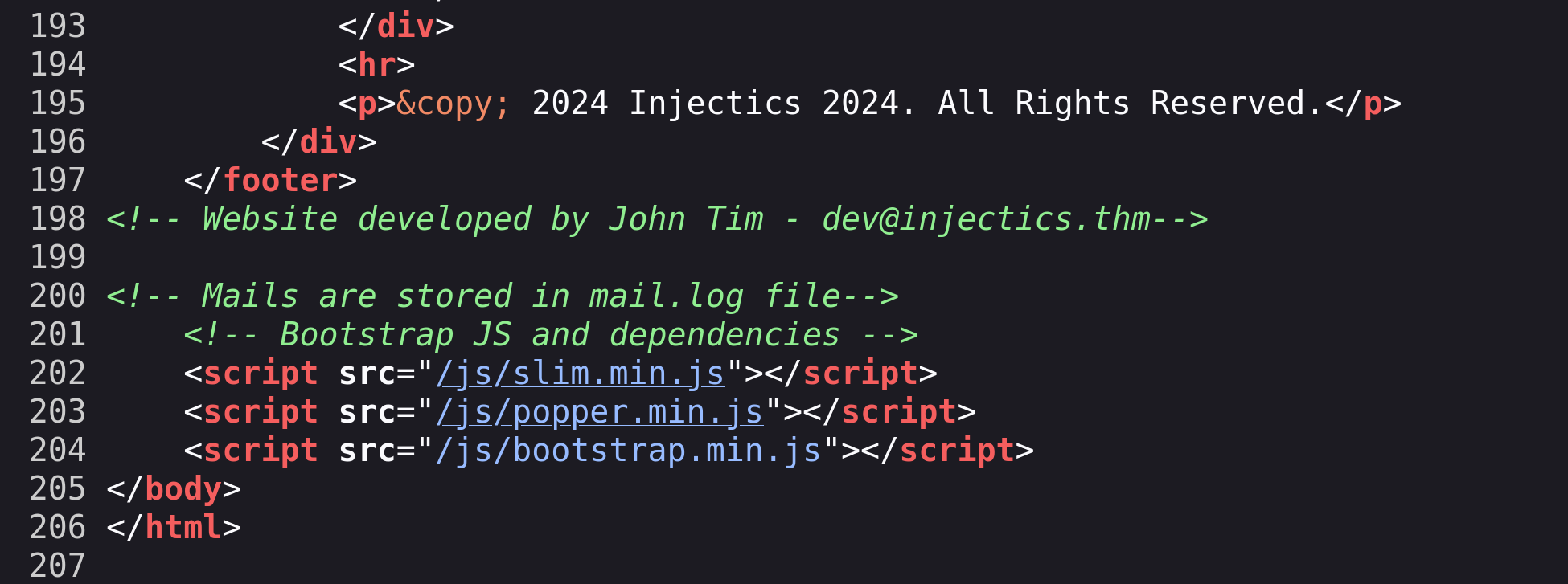Home page HTML comments leaking the developer email and the mail.log file